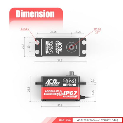 AGFRC 19KG Low-Profile Programmable-Digital-Servo - 0.073Sec High Speed Wateproof Full Metal Gear Brushless RC Servo with 25T Metal Servo Horn for 1/10 RC Car, 180 Degrees (A50BHLW)