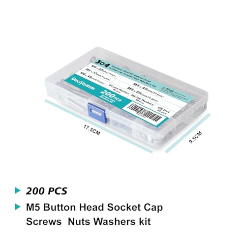 200 PCS M5 x 30mm 35mm 40mm 45mm 50mm, Button Head Socket Cap Screws Bolts Washers Nuts Assortment Kit, Stainless Steel 304, Metric Allen Hex Drive - size: Button M5x30/35/40/45/50 mm