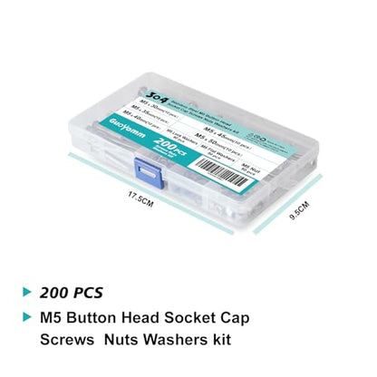 200 PCS M5 x 30mm 35mm 40mm 45mm 50mm, Button Head Socket Cap Screws Bolts Washers Nuts Assortment Kit, Stainless Steel 304, Metric Allen Hex Drive - size: Button M5x30/35/40/45/50 mm