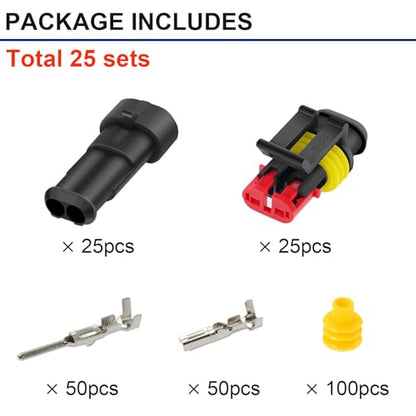 25 Kit 2 Pin Connector Automotive Electrical Waterproof 2 Wire Connectors | Twippo Two Pin Male and Female Electrical Wire Connectors Kit Quick Connect and Disconnect Plug Terminals 22-16 AWG - size: 22-16AWG 25Set
