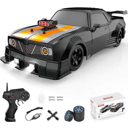 Fistone RC Drift Car 2.4GHz 1:16 Scale 4WD 18KM/H High Speed Remote Control Car with LED Lights, 2 Batteries and Rubber Tire, Racing Sport Toy Vehicle for Adults, Boys, Girls, and Kids