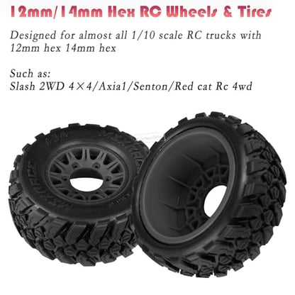 RC 12mm/14mm Hex RC Wheels and Tires for 1/10 Slash 2WD 4×4 4wd,Senton Axia1 Red cat Rc 4wd,Rc Truck Tires Snow Tires Desert Tires,4PCS,Black - color: Black(4pcsw)