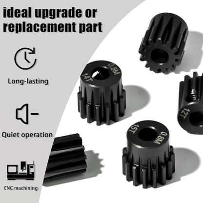5Pcs 0.8M Hardened Steel Pinion Gear Set 5mm Shaft 11T 12T 13T 14T 15T Motor Pinion Gear with M4 Screw and Hex Key, for Arrma HPI Kyosho Losi Axial Traxxas Tamiya 1/10 RC Car and 540/550 Motors - size: 0.8M-5mm-11-15T