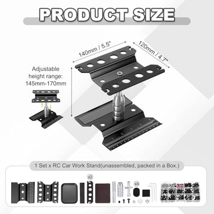 MECCANIXITY 1 Set RC Car Work Stand Lift Lower Aluminum Repair Workstation 360 Degree Rotation with Black Screw Tray and Screw Box for 1/8 1/10 1/16 Scale RC Car Crawler Truck Vehicle (Black) - color: Black