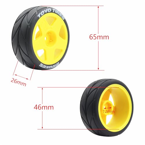 65mm 4PCS 1/10 RC On-Road tires and Hard Plastic wheels set Hex 12mm For WRC Drift Car Conversion 1/10 RC On-Road Car Traxxas Tamiya FW06 TT02 HPI HSP 94122 Kyosho W36 (Yellow) - color: Yellow
