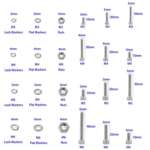 newlng Screws and Nuts M3 M4 M5 M6 Bolts and Nuts kit 520pcs 304 Stainless Steel Metric Hex Socket Head Cap Machine Screws Flat Washers Spring Washers Assortment Kit - size: E M3456