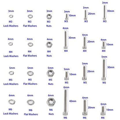 newlng Screws and Nuts M3 M4 M5 M6 Bolts and Nuts kit 520pcs 304 Stainless Steel Metric Hex Socket Head Cap Machine Screws Flat Washers Spring Washers Assortment Kit - size: E M3456