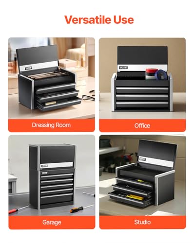 VEVOR Metal Tool Box, 8.6-inch, Portable Metal Tool Box with 3 Drawers, Small Tool Chest with EVA Liners and PP Feet Pads, Heavy-Duty Steel With Ball Bearing Opening and Powder Coated Finish, Black - size: 3 Drawers-Black