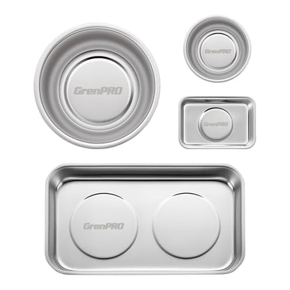 GRENPRO 4-Pack Magnetic Parts Tray Set, Heavy-Duty 3"/6" Round & Square | Stainless steel trays with extra strong magnet hold nuts, bolts, screws; anti-slip base for workshop and auto repair storage - style: Assorted (Round, Square, Shallow)