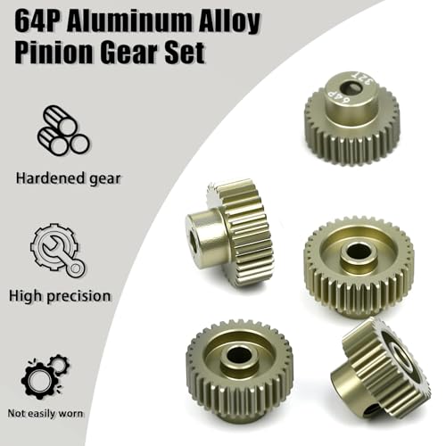 5Pcs 64P Aluminum Alloy Pinion Gear Set 3.175mm 31T 32T 33T 34T 35T Motor Pinion Gear W/ M4 Screw and Hex Key, Fit 3.175mm (1/8-Inch) Shaft, for Arrma HPI Kyosho Losi Axial Traxxas Tamiya 1/10 RC Car - size: 64P-3.175mm-31-35T