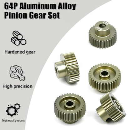 5Pcs 64P Aluminum Alloy Pinion Gear Set 3.175mm 31T 32T 33T 34T 35T Motor Pinion Gear W/ M4 Screw and Hex Key, Fit 3.175mm (1/8-Inch) Shaft, for Arrma HPI Kyosho Losi Axial Traxxas Tamiya 1/10 RC Car - size: 64P-3.175mm-31-35T