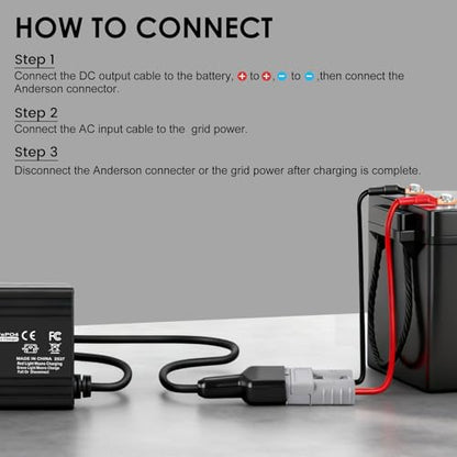 24V(29.2V Max) 10A Lithium Battery Charger for LiFePO4 Deep Cycle Rechargeable Battery Multi Safety Protections Smart Charger with Anderson Connector LED Indicator and 11 AWG M8 Adapter Cable