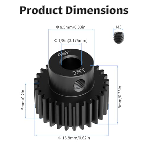 Pinion Motor Gear, 48P 28T, 1/8 in (3.175mm) Shaft Hole | 48 Pitch 28 Teeth, 1045 Hardened Carbon Steel, 1/8 Inch Shaft Hole, RC Motor Pinion Upgrade, for 1/10 RC Brushless Crawler - size: 48P 28T