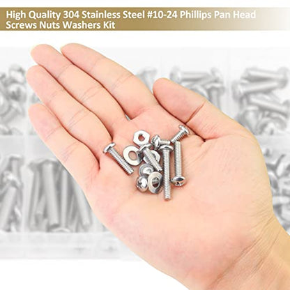 142 Pieces #10-24x 1/4", 5/16", 3/8", 1/2", 5/8", 3/4", 1", 1-1/4", Phillips Pan Head Machine Screws Nuts Washers Assortment Kit, 304 Stainless Steel, Fully Machine Thread - size: #10-24