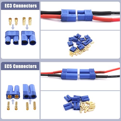 70 Pcs XT60 / XT90 /EC3 / EC5/T-Plug Deans Connector Adapters Kit | Male&Female Connector Adapters,14AWG Silicone Wire+Shrink Tubings for RC Battery Charger ESC Motor Accessories