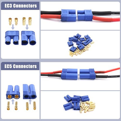 70 Pcs XT60 / XT90 /EC3 / EC5/T-Plug Deans Connector Adapters Kit | Male&Female Connector Adapters,14AWG Silicone Wire+Shrink Tubings for RC Battery Charger ESC Motor Accessories