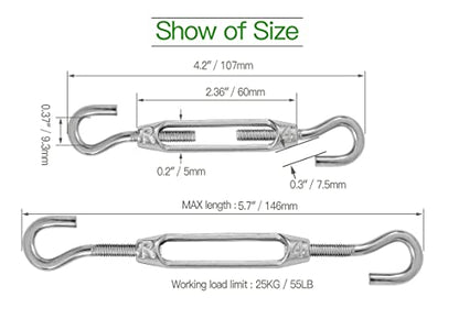 6PCS M4 Hook & Hook Turnbuckle 304 Stainless Steel Turnbuckle Wire Rope Tension Heavy Duty Turnbuckles for Cable Railing Wire Rope Hardware Kit (M4, Hook & Hook) - style: Hook & Hook-M-4