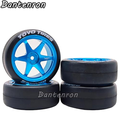 1/10 RC Drift Aluminum Wheels and Tires OD 65mm 1/12 Hard Drift Racing Tyres 12mm Hex for 1:10 Rally Street On Road Touring Car Tamiya TT01 TT02 XV01 TA06 A959 PTG2 KYOSHO 4PCS (Blue) - color: Blue