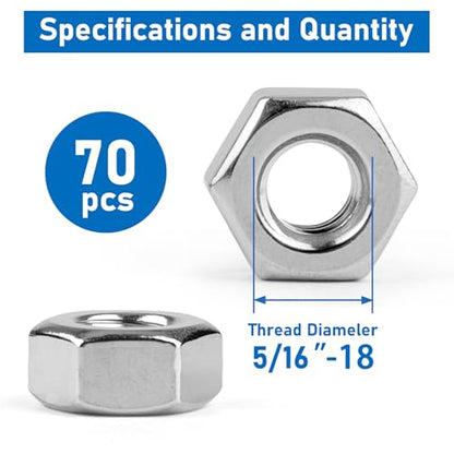 Hex Nuts, 70 Pack #5/16”-18 304 (A2-70) Stainless Steel Hardware Nuts,Standard Inch Coarse Thread Nuts - color: Silver, size: 5/16"-18