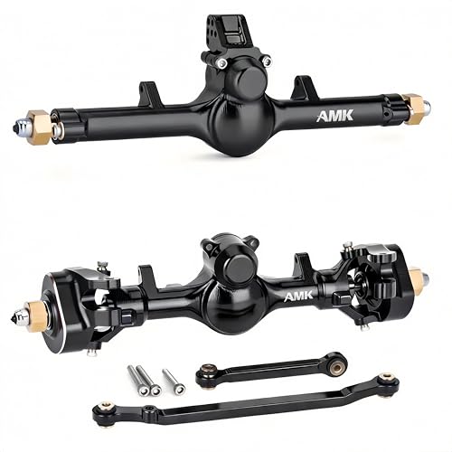 AMK SCX24 Axles +8mm Wide CNC Aluminum Front & Rear Axle Set with Brass Steering Knuckles, 3-Section CVD Drive Shafts (52° Max Steering Angle) for Axial SCX24 1/24 RC Crawler Upgrade Parts