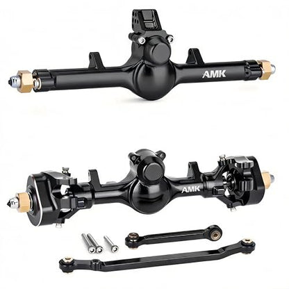 AMK SCX24 Axles +8mm Wide CNC Aluminum Front & Rear Axle Set with Brass Steering Knuckles, 3-Section CVD Drive Shafts (52° Max Steering Angle) for Axial SCX24 1/24 RC Crawler Upgrade Parts