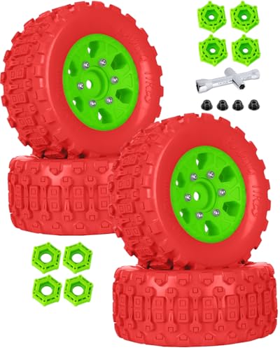 RC 1/10 Short Course Tires with 12MM 14MM 17MM Hex Compatible with Arrm a Senton,Axia1,Slash 2WD/4×4 4WD,Red cat, RC 4WD,Heavy Duty High Grip Rubber Tires w/Plastic Wheels,Red&Green - color: Red&green(4pcs)