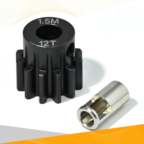 M1.5 12T Pinion Gear 8mm Bore with 8mm to 5mm Shaft Adapter Sleeve, Chromium Steel Motor Gear with Set Screw & Hex Key for Traxxas ARRMA Losi 1/5 1/8 RC Cars - size: 12T
