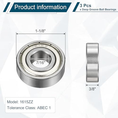 uxcell 3 Pcs 1615ZZ Deep Groove Ball Bearing 7/16" x 1-1/8" x 3/8" Double Metal Sealed, Chrome Steel Bearings - size: 1615ZZ 7/16" x 1-1/8" x 3/8"