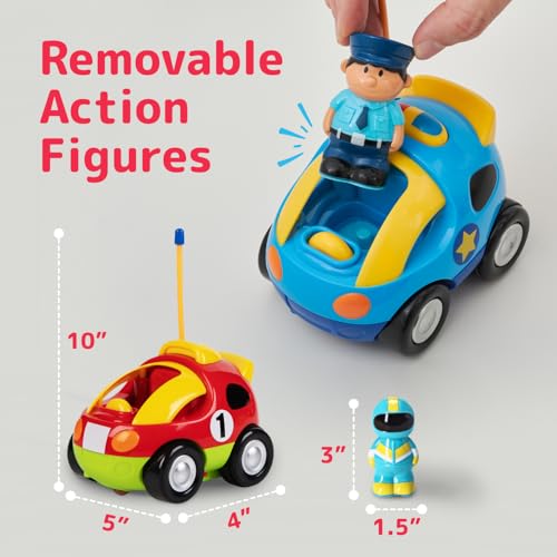 PREXTEX 2 Pack Cartoon Remote Control Cars for Toddlers - Police Car and Race Car with Steering Wheel Controllers and Lights - Different Frequencies Racing Together - Easter Toddler Gift 18+ Months. - style: Police/Race Car