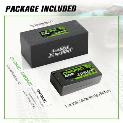 OVONIC 2S Shorty Lipo Battery 100C 5000mAh 7.4V Lipo Battery with 4mm Bullet Dean-Style T Connector for 1/8 1/10 RC Car Truck Boat Vehicles [3.74" D x 1.81" W x 0.98" H ]
