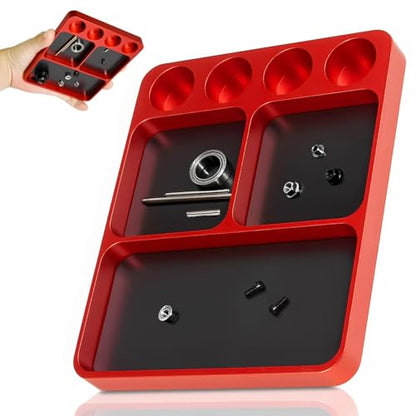 Magnet Tool Tray Aluminum Alloy Screw Tray with Tool Holder RC Parts Fixing for 1/10 RC Cars, Drones, Phone, Computer, Eyeglass, Electronic Multi-Compartment Anti-Loss Organizer Storage Box (Red - color: Red