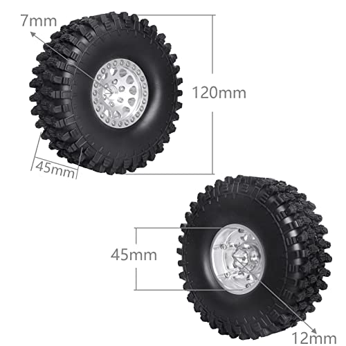 HobbyPark 1.9 Beadlock Wheels and Tires 120mm / 4.72inch Height with Mounting Tool for Traxxas TRX4 Axial SCX10 II III Redcat Gen8 Gen7 12mm Hex 1/10 Crawler Upgrades, 4-Set (Silver)