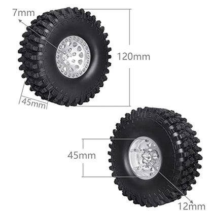 HobbyPark 1.9 Beadlock Wheels and Tires 120mm / 4.72inch Height with Mounting Tool for Traxxas TRX4 Axial SCX10 II III Redcat Gen8 Gen7 12mm Hex 1/10 Crawler Upgrades, 4-Set (Silver)