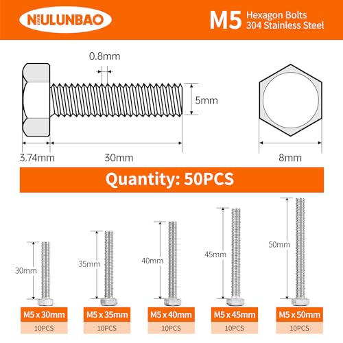 M5 x 30mm 35mm 40mm 45mm 50mm Heavy Duty Hexagon Bolts Hex Head Screws, 304 Stainless Steel, Metric Fully Thread, Machine, Bright Finish, Assortment Kit 50PCS - size: M5 x 30/35/40/45/50mm (50PCS)