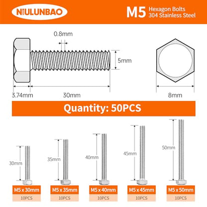 M5 x 30mm 35mm 40mm 45mm 50mm Heavy Duty Hexagon Bolts Hex Head Screws, 304 Stainless Steel, Metric Fully Thread, Machine, Bright Finish, Assortment Kit 50PCS - size: M5 x 30/35/40/45/50mm (50PCS)