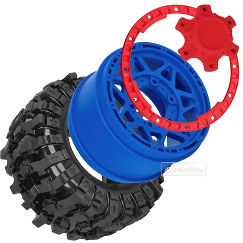 1/10 Scale RC Truck Tires,Wheels and Tires w/12/14/17MM Hex for Rustler Stampede Hoss, Granite Vorteks Big Rock 3S,1/10 Off Road Tires Rubber Truck Tyres w/Foam Insert,Navy Blue w/Red - color: Navy Blue W/Red(4pcs)