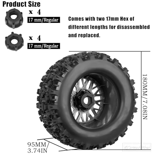 1/8 1/10 17mm Hex RC Truck Tires,Wheels and Tires for 1/10 E-Revo T-Maxx Summit,1/8 Kraton Outcast 6S,Sledge,Buggy Rubber Tyres and Rims w/Foam Insert for RC Off-Road Car,Black-Navy Blue - color: Black&navy Blue(4pcs)