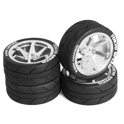 1/10 RC On Road Tires OD 65mm and Aluminum Street Wheels 12mm Hex Touring Tyres for 1:10 Rally Racing Drift Car Tamiya TT01 TT02 XV01 HPI KYOSHO HSP PTG2 Traxxas TA06 A959 PTG2 (Silver) - color: Silver