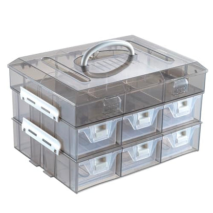 MyGift 11 Inch Smoke Gray Transparent Arts and Crafts Sewing Supplies Storage Organizer Case with White Accents, 24 Customizable Compartments, and 6 Drawers with Removable Dividers - color: Grey