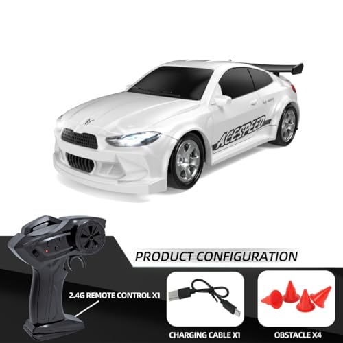 Mini Desktop RC Drift Car, 1:64 Scale 4WD High-Speed 2.4Ghz Remote Control Racing Sports Car with LED Lights for Adults Hobbyists - color: Ivory White