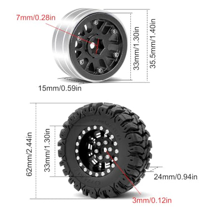 OGRC 1.3" Wheel and Tires 7mm Offset Beadlock Wheels for 1/24 1/18 RC Car | Aluminum, 7mm Hex, Soft and Sticky Tires, for TRX4M SCX24 RC Carwler Car, Black - color: Black