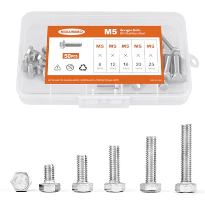 M5 x 8mm 12mm 16mm 20mm 25mm Heavy Duty Hexagon Bolts Hex Head Screws, 304 Stainless Steel, Metric Fully Thread, Machine, Bright Finish, Assortment Kit 50PCS - size: M5 x 8/12/16/20/25mm (50PCS)