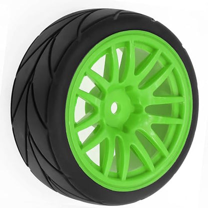 1/10 RC On Road Tires OD 2.56" And Hard Plastic Rally Wheels Rims 12mm Hex for 1:10 Scale Street Racing Touring Drift Car Tamiya TT01 TT02 Traxxas XV02 XV01 TA06 HPI KYOSHO PTG2 4PCS (Green) - color: Green