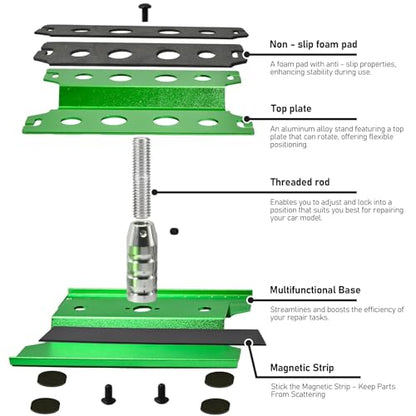 RC Car Work Stand Adjustable Height Lift Lower 360° Rotation Aluminum RC Repair Stand & Small Screw Tray Fit for 1/8 1/10 1/12 1/14 for Traxxa Axial Arrma RC Crawler Monster Truck Buggy (Green,Red) - color: Green-red