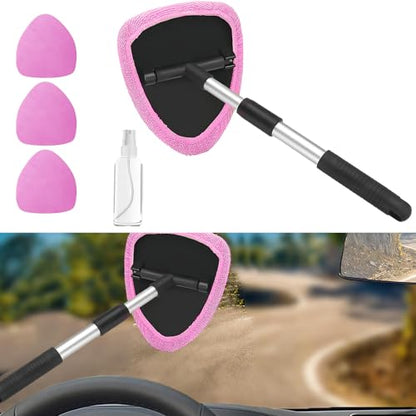 Car Window Cleaner, Car Cleanser Brush, Car Accessories Car Cleaning Supplies Tools, Car Cleaning Kit with Extendable Handle, Microfiber Cloth, Spray Bottle, Fits All Cars (Pink) - color: Pink