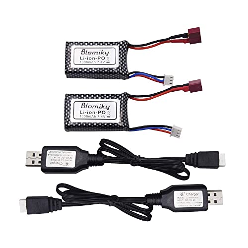 Blomiky 2 Pack 7.4V 2S 30C 1000mAh 7.4Wh Lipo Battery T Plug Suitable for Haiboxing 18859E 18858 16890A and XLH Q903 RC Trucks / Q903 Battery and USB