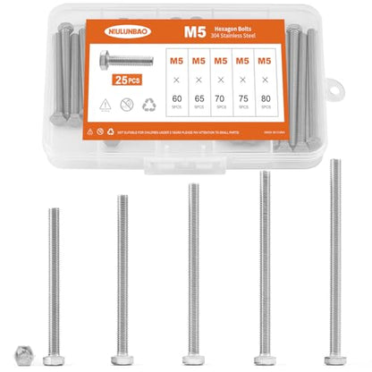 M5 x 60mm 65mm 70mm 75mm 80mm Heavy Duty Hexagon Bolts Hex Head Screws, 304 Stainless Steel, Metric Fully Thread, Machine, Bright Finish, Assortment Kit 25PCS - size: M5 x 60/65/70/75/80mm (25PCS)