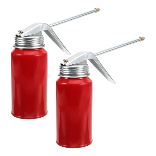 2 PCS Oil Can Pump Oiler, 200ml Metal Hand Pump Oiling Spray Can with Rigid Spout, Manual Engine Oil Dispenser Oiling Bottle for Home Motorcycles Bike Car Applications