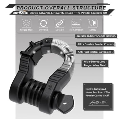 AUTMATCH D Ring Shackles 3/4" Mega Shackle (2 Pack) 68,000Ibs Break Strength - Heavy Duty Clevis Shackles 7/8" Screw Pin & Isolator Washer for Tow Strap Winch Off Road Vehicle Recovery, Frosted Black - color: Frosted Black