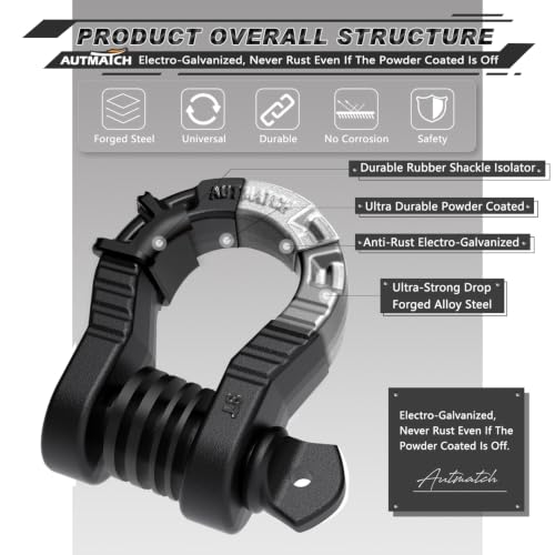 AUTMATCH D Ring Shackles 3/4" Mega Shackle (2 Pack) 68,000Ibs Break Strength - Heavy Duty Clevis Shackles 7/8" Screw Pin & Isolator Washer for Tow Strap Winch Off Road Vehicle Recovery, Frosted Black - color: Frosted Black